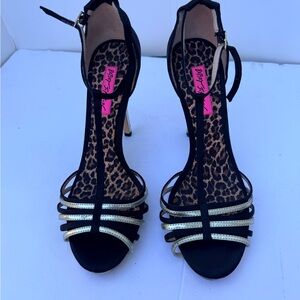 Betsey Johnson Black and Gold Strappy T‑Bar High Heels